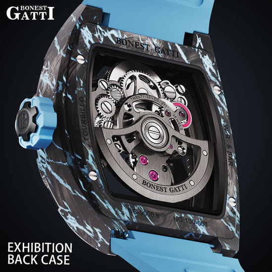BONEST GATTI Automatic Tourbillon Movement Tonneau Shaped Forged Carbon Fiber Case Sapphire Crystal Fluororubber Strap 3ATM Waterproof Luminous BG9006 TIMEMASTER