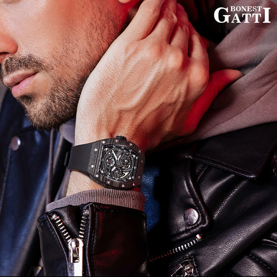 BONEST GATTI Carbon fiber + Aluminum alloy Case Barrel shaped Tonneau watch Skeleton Movement Sapphire Crystal Quick- Release Strap Watch BG9004 TIMEMASTER