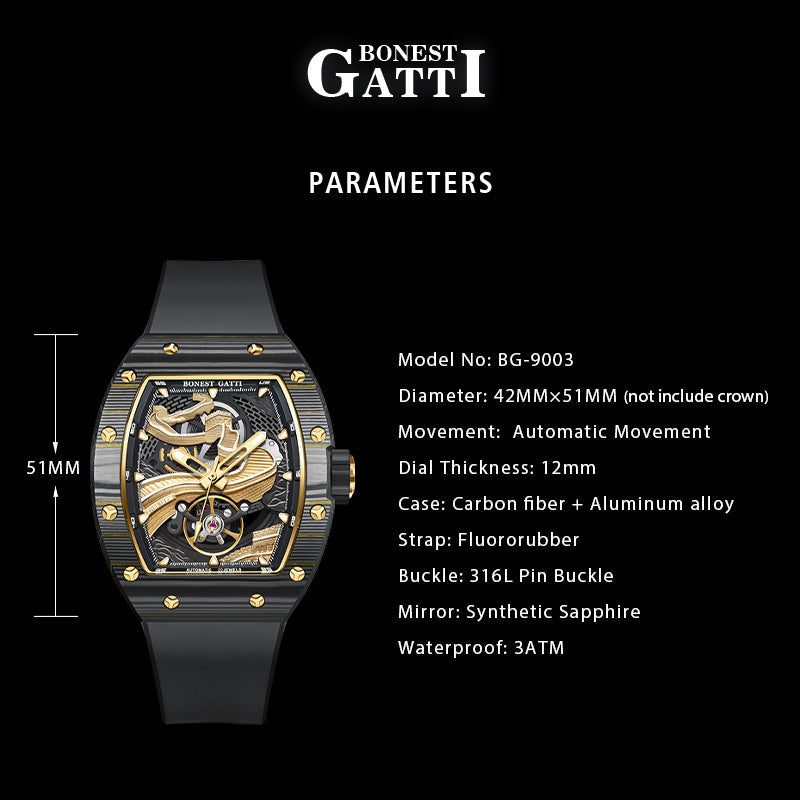 BONEST GATTI Carbon fiber + Aluminum alloy Case Barrel shaped Relief 3D Great Wall pattern Skeleton Movement Sapphire Crystal Watch BG9003 TIMEMASTER