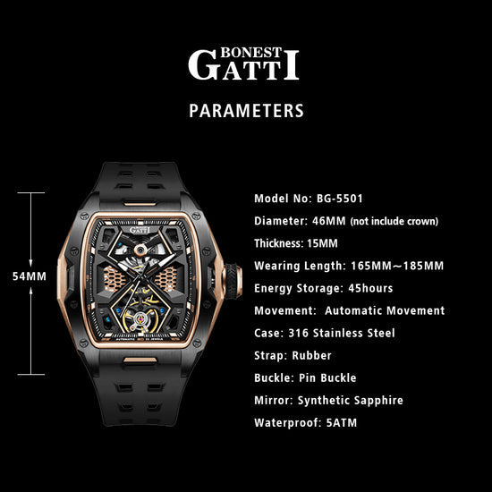 BONEST GATTI Automatic Skeleton Movement Barrel shaped Case Luminous BG5501 TIMEMASTER