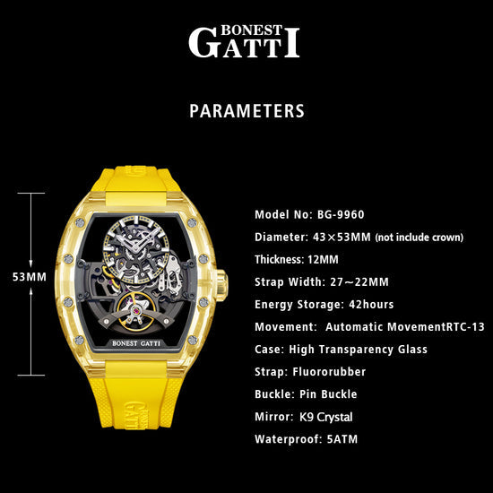 BONEST GATTI Barrel shaped K9 Crystal case Skeleton Movement Fluororubber Strap Watch Luminous BG9960 TIMEMASTER