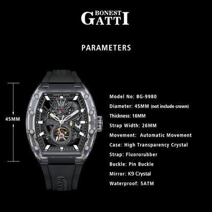 BONEST GATTI Crystal Case Dragon Barrel shaped Skeleton Movement K9 Crystal Case Fluororubber Strap Watch Luminous GB9980 TIMEMASTER
