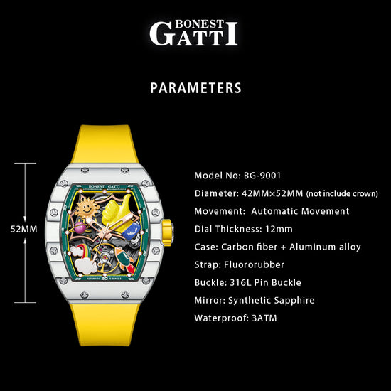 BONEST GATTI Carbon fiber + Aluminum alloy Case Barrel shaped Thumbs Up Series funny watch Skeleton Movement Crystal Sapphire Watch BG9001 TIMEMASTER