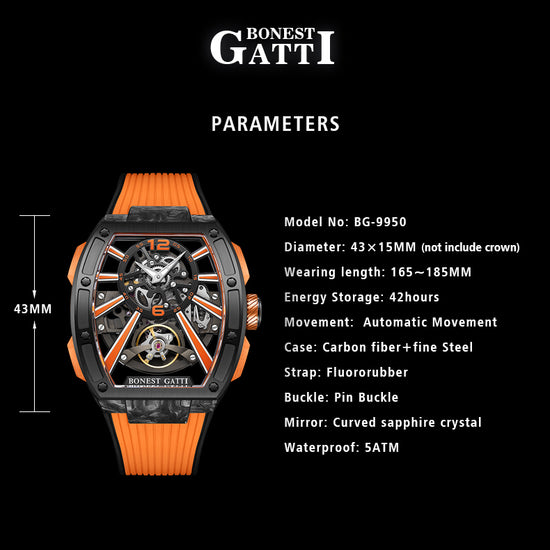 BONEST GATTI Carbon fiber+fine Steel Case Barrel shaped sapphire crystal watch Skeleton Movement Watch BG9950 TIMEMASTER