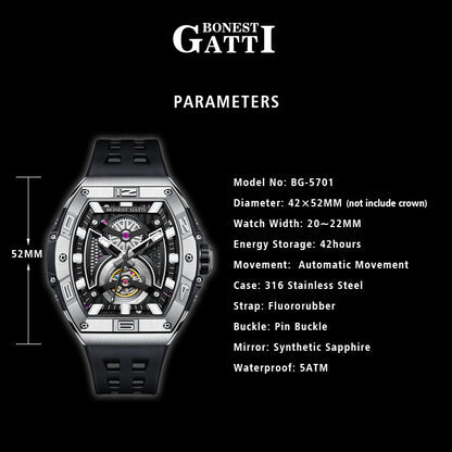 BONEST GATTI 361L Case Barrel shaped watch Skeleton Movement Crystal Sapphire Watch BG5701 TIMEMASTER