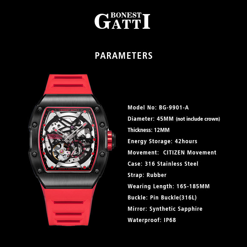 BONEST GATTI CITIZEN Skeleton Automatic Mechanical Movement Sapphire Barrel shaped Case Luminous BG9901-A TIMEMASTER