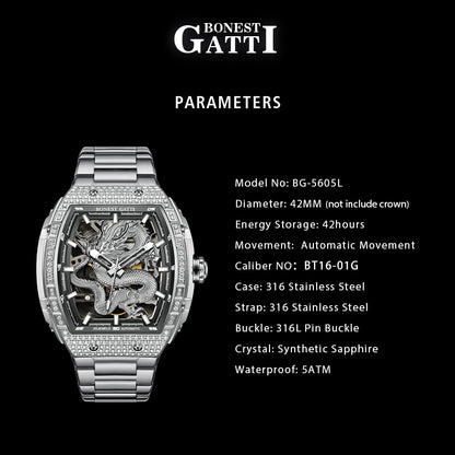 BONEST GATTI Barrel Dragon 185 Zircon Stones Bezel Stainless Steel Bracelet Men's Automatic Mechanical Watch Luminous BG5605L TIMEMASTER
