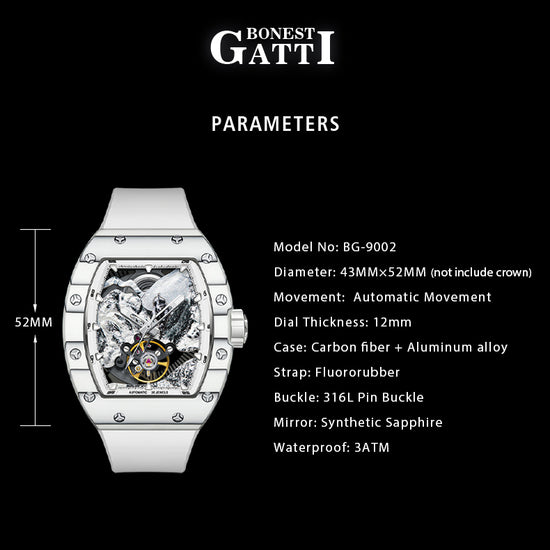 BONEST GATTI Carbon fiber + Aluminum alloy Case Barrel shaped road of climb 3D Mountain climber pattern Skeleton Movement Sapphire Crystal Watch BG9002 TIMEMASTER