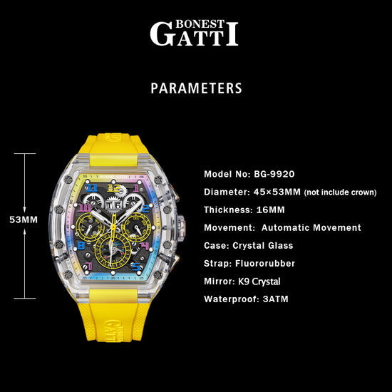 BONEST GATTI Barrel shaped Skeleton Movement K9 Crystal Case Fluororubber Strap Watch Luminous BG9920 TIMEMASTER