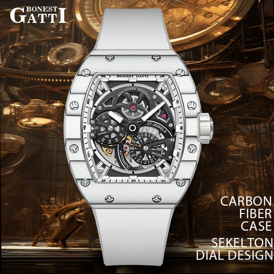 BONEST GATTI Carbon fiber + Aluminum alloy Case Barrel shaped Relief 3D Great Wall pattern Skeleton Movement Sapphire Crystal Watch BG9003 TIMEMASTER