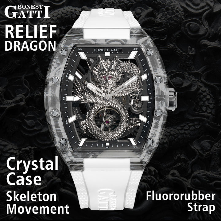 BONEST GATTI Crystal Case 3D MOUNTAIN MOUNTEVEREST Tonneau shaped Skeleton Movement K9 Crystal Case Fluororubber Strap Watch Luminous GB6001 TIMEMASTER