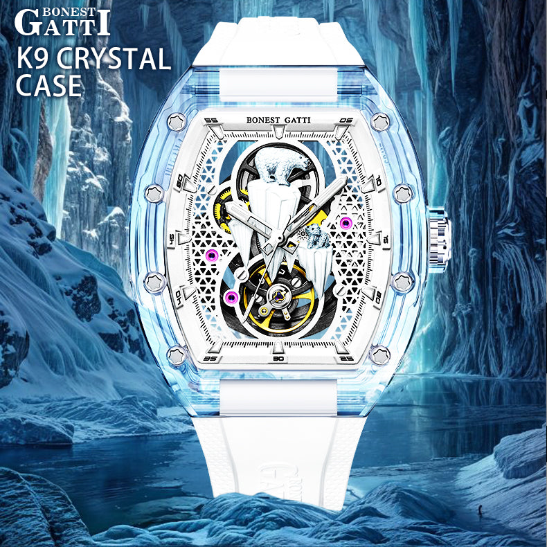 BONEST GATTI Crystal Case 3D MOUNTAIN MOUNTEVEREST Tonneau shaped Skeleton Movement K9 Crystal Case Fluororubber Strap Watch Luminous GB6001 TIMEMASTER