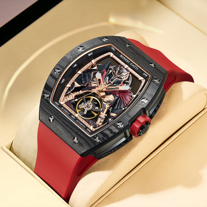 BONEST GATTI Automatic Tonneau Watch Spartan Warrior Series Carbon Fiber Skeleton Self Wind Movement Sapphire Crystal Luminous Watch BG9009 TIMEMASTER