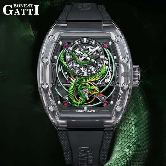 BONEST GATTI Transparent Tonneau Case 3D Snake Dial Skeleton Movement Fluororubber Strap Watch Luminous BG6004 TIMEMASTER