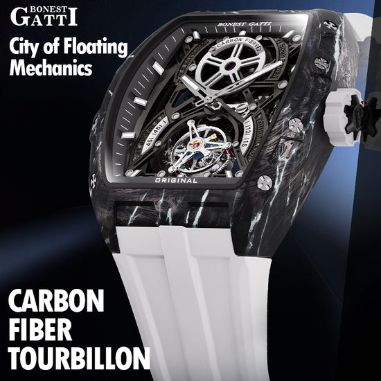 BONEST GATTI Automatic Tourbillon Movement Tonneau Shaped Forged Carbon Fiber Case Sapphire Crystal Fluororubber Strap 3ATM Waterproof Luminous BG9006 TIMEMASTER