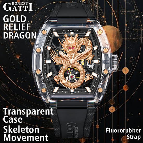 BONEST GATTI Transparent Case Dragon Barrel shaped Skeleton Movement Synthetic Sapphire Fluororubber Strap Watch Luminous GB9980 TIMEMASTER