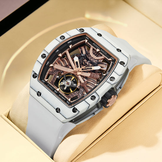 BONEST GATTI Automatic Tonneau Watch Phantom Black Warrior Dial Carbon Fiber Skeleton Self Wind Movement Sapphire Crystal Luminous Watch BG9008 TIMEMASTER