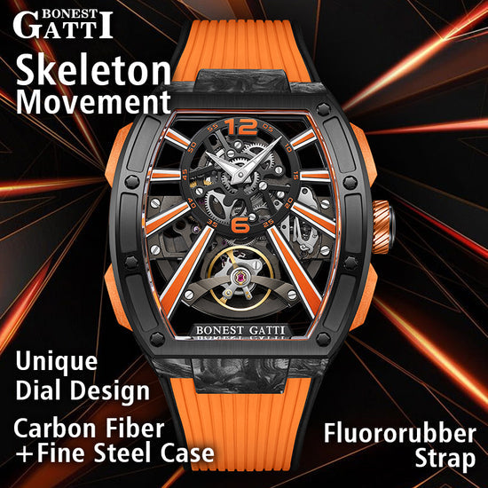 BONEST GATTI Carbon fiber+fine Steel Case Barrel shaped sapphire crystal watch Skeleton Movement Watch BG9950 TIMEMASTER