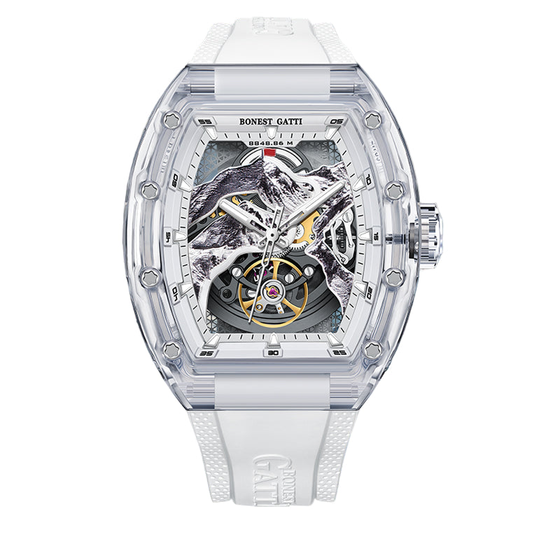 BONEST GATTI Crystal Case 3D MOUNTAIN MOUNTEVEREST Tonneau shaped Skeleton Movement K9 Crystal Case Fluororubber Strap Watch Luminous GB6001 TIMEMASTER