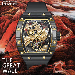 BONEST GATTI Carbon fiber + Aluminum alloy Case Barrel shaped Relief 3D Great Wall pattern Skeleton Movement Sapphire Crystal Watch BG9003 TIMEMASTER