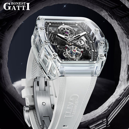 BONEST GATTI Tourbillon K9 Crystal Transparent Case Tonneau watch Skeleton Movement Watch Fluororubber Strap BG7001 TIMEMASTER
