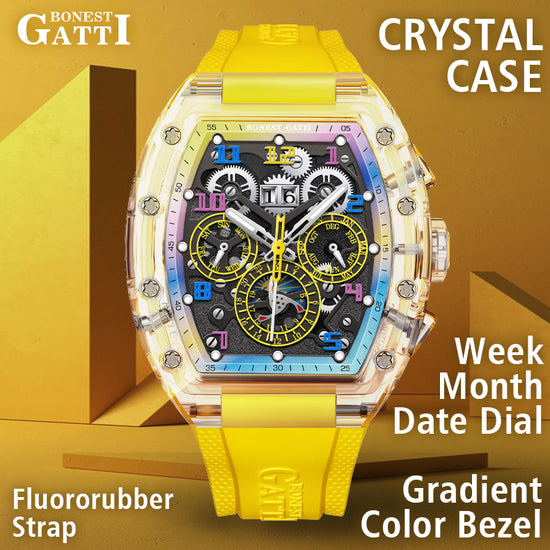 BONEST GATTI Barrel shaped Skeleton Movement K9 Crystal Case Fluororubber Strap Watch Luminous BG9920 TIMEMASTER