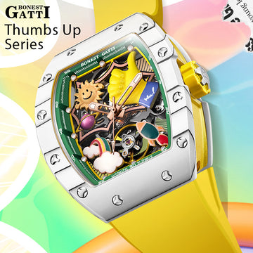 BONEST GATTI Carbon fiber + Aluminum alloy Case Barrel shaped Relief 3D Great Wall pattern Skeleton Movement Sapphire Crystal Watch BG9003 TIMEMASTER