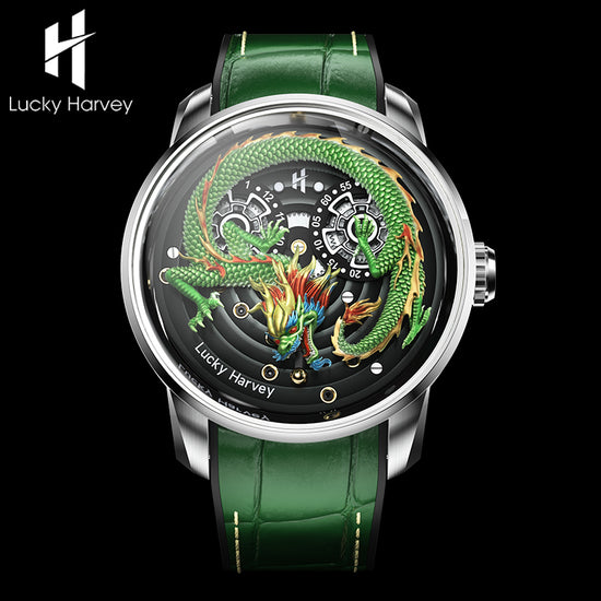 Green Dragon Automatic Watch Spit out Gold Bead Luminous Lucky Harvey TIMEMASTER