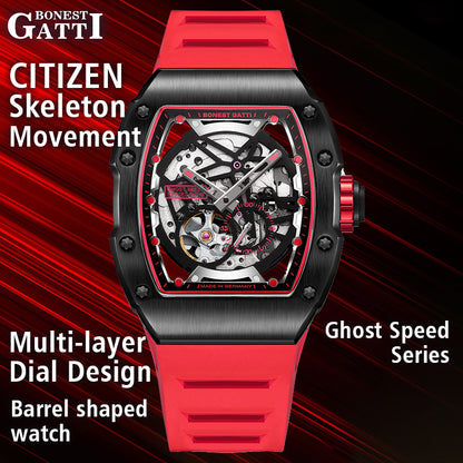 BONEST GATTI CITIZEN Skeleton Automatic Mechanical Movement Sapphire Barrel shaped Case Luminous BG9901-A TIMEMASTER