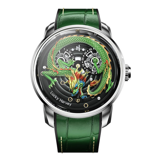 Green Dragon Automatic Watch Spit out Gold Bead Luminous Lucky Harvey TIMEMASTER
