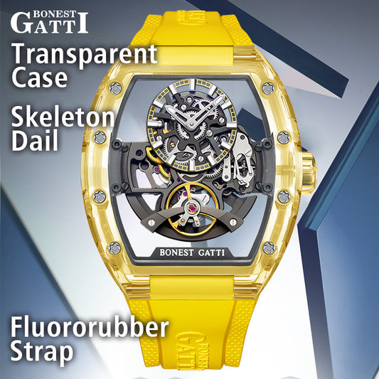 BONEST GATTI Barrel shaped Skeleton Movement K9 Crystal Case Fluororubber Strap Watch Luminous BG9920 TIMEMASTER