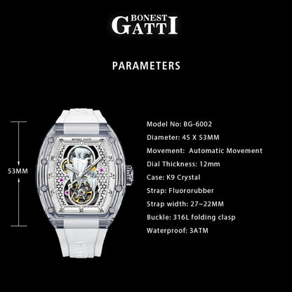 BONEST GATTI Crystal Case 3D Polar Bear Tonneau shaped Skeleton Movement K9 Crystal Case Fluororubber Strap Watch Luminous GB6002 TIMEMASTER