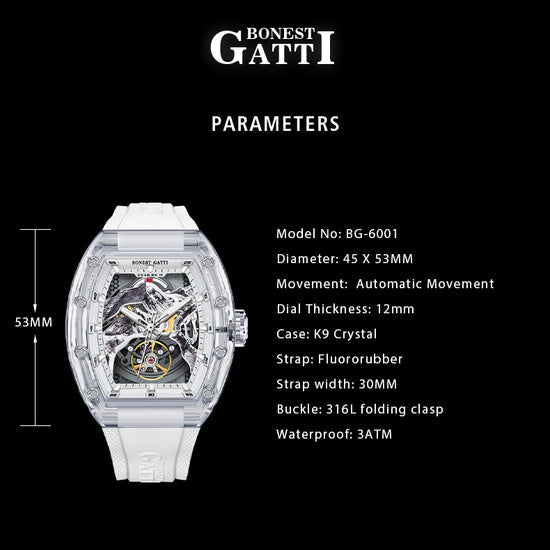 BONEST GATTI Crystal Case 3D MOUNTAIN MOUNTEVEREST Tonneau shaped Skeleton Movement K9 Crystal Case Fluororubber Strap Watch Luminous GB6001 TIMEMASTER