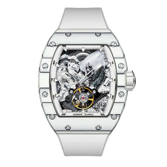BONEST GATTI Carbon fiber + Aluminum alloy Case Barrel shaped road of climb 3D Mountain climber pattern Skeleton Movement Sapphire Crystal Watch BG9002 TIMEMASTER