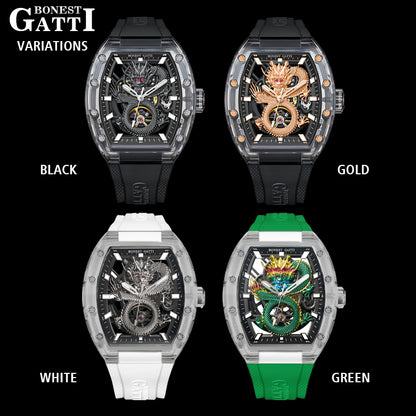 BONEST GATTI Crystal Case Dragon Barrel shaped Skeleton Movement K9 Crystal Case Fluororubber Strap Watch Luminous GB9980 TIMEMASTER