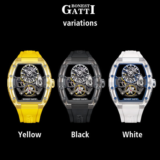 BONEST GATTI Barrel shaped K9 Crystal case Skeleton Movement Fluororubber Strap Watch Luminous BG9960 TIMEMASTER