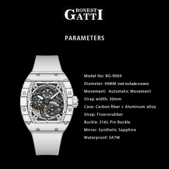 BONEST GATTI Carbon fiber + Aluminum alloy Case Barrel shaped Tonneau watch Skeleton Movement Sapphire Crystal Quick- Release Strap Watch BG9004 TIMEMASTER