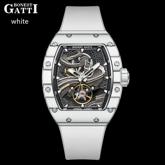 BONEST GATTI Carbon fiber + Aluminum alloy Case Barrel shaped Relief 3D Great Wall pattern Skeleton Movement Sapphire Crystal Watch BG9003 TIMEMASTER