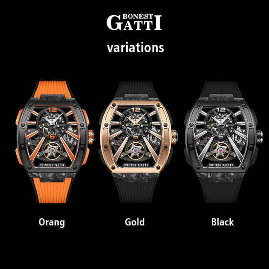 BONEST GATTI Carbon fiber+fine Steel Case Barrel shaped sapphire crystal watch Skeleton Movement Watch BG9950 TIMEMASTER