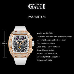 BONEST GATTI 224 Zricon Bezel Tonneau shaped Skeleton Sapphire Crystal Watch BG5004 TIMEMASTER