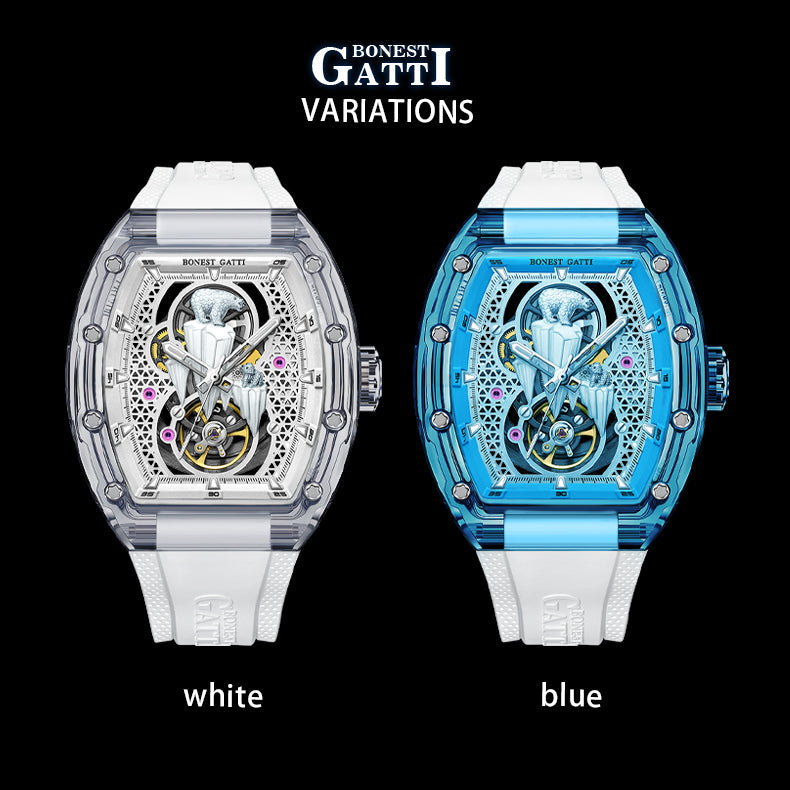 BONEST GATTI Crystal Case 3D Polar Bear Tonneau shaped Skeleton Movement K9 Crystal Case Fluororubber Strap Watch Luminous GB6002 TIMEMASTER