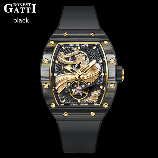 BONEST GATTI Carbon fiber + Aluminum alloy Case Barrel shaped Relief 3D Great Wall pattern Skeleton Movement Sapphire Crystal Watch BG9003 TIMEMASTER