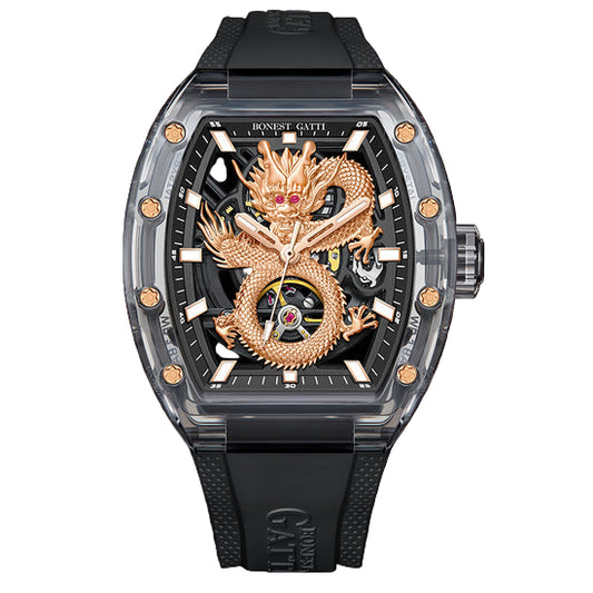 BONEST GATTI Transparent Case Dragon Barrel shaped Skeleton Movement Synthetic Sapphire Fluororubber Strap Watch Luminous GB9980 TIMEMASTER