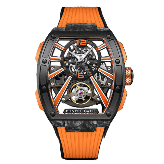 BONEST GATTI Carbon fiber+fine Steel Case Barrel shaped sapphire crystal watch Skeleton Movement Watch BG9950 TIMEMASTER