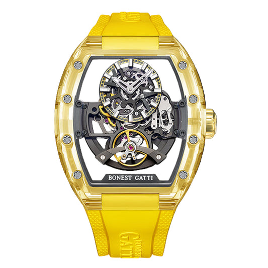 BONEST GATTI Barrel shaped K9 Crystal case Skeleton Movement Fluororubber Strap Watch Luminous BG9960 TIMEMASTER