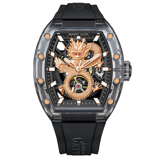 BONEST GATTI Crystal Case Dragon Barrel shaped Skeleton Movement K9 Crystal Case Fluororubber Strap Watch Luminous GB9980 TIMEMASTER