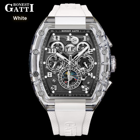 BONEST GATTI Barrel shaped Skeleton Movement K9 Crystal Case Fluororubber Strap Watch Luminous BG9920 TIMEMASTER