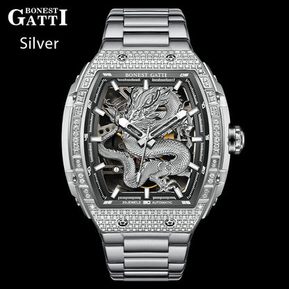 BONEST GATTI Barrel Dragon 185 Zircon Stones Bezel Stainless Steel Bracelet Men's Automatic Mechanical Watch Luminous BG5605L TIMEMASTER
