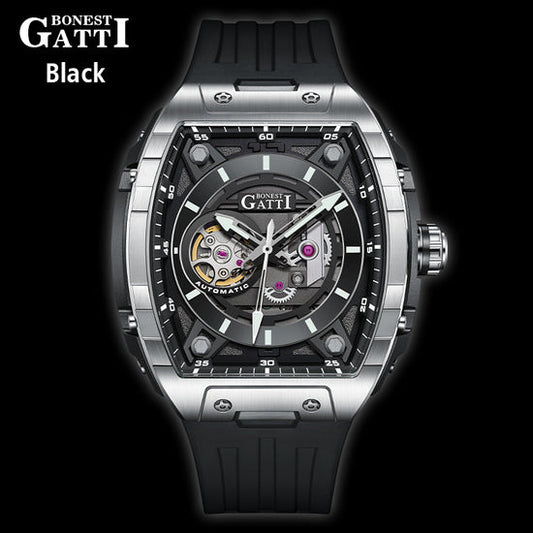 BONEST GATTI Barrel shaped Skeleton Movement Watch Luminous BG5602 TIMEMASTER