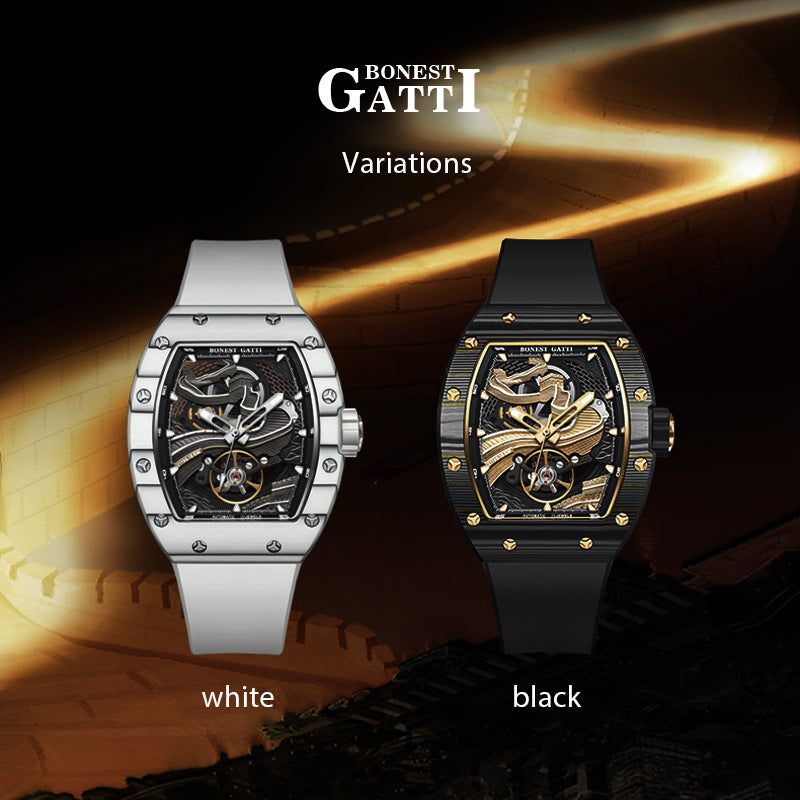 BONEST GATTI Carbon fiber + Aluminum alloy Case Barrel shaped Relief 3D Great Wall pattern Skeleton Movement Sapphire Crystal Watch BG9003 TIMEMASTER